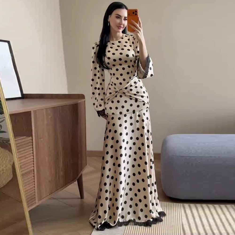 Forever 21 Long-Sleeve Polka Dot Bodycon Elegant Tie Waist Long Dress